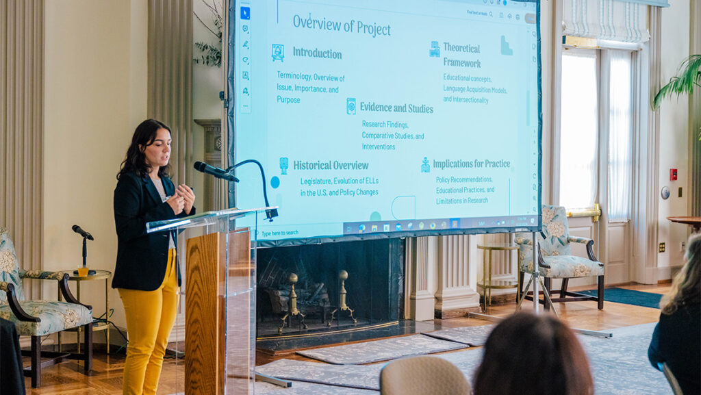 Natalia Fagundez presents her initial findings from her research on English Language Learners in education.